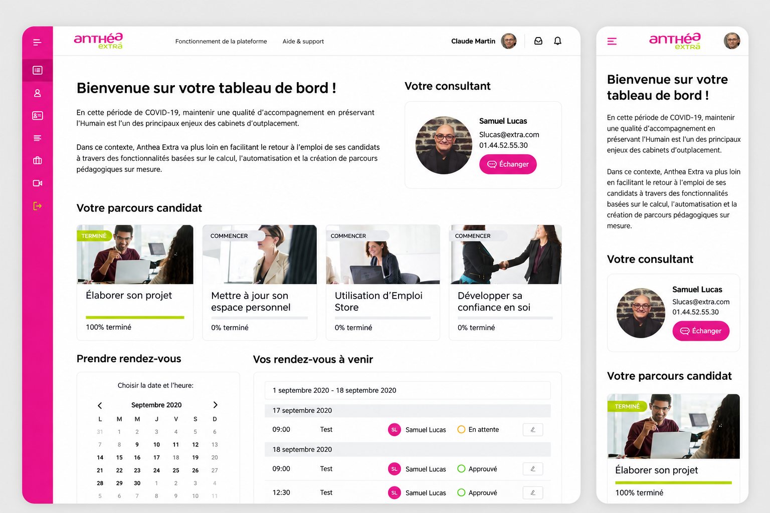 Tableau de bord candidat de la plateforme e-learning Anthea Extra en version desktop et mobile — parcours candidat, consultant, prise de rendez-vous — développé par Alexis Catanas
