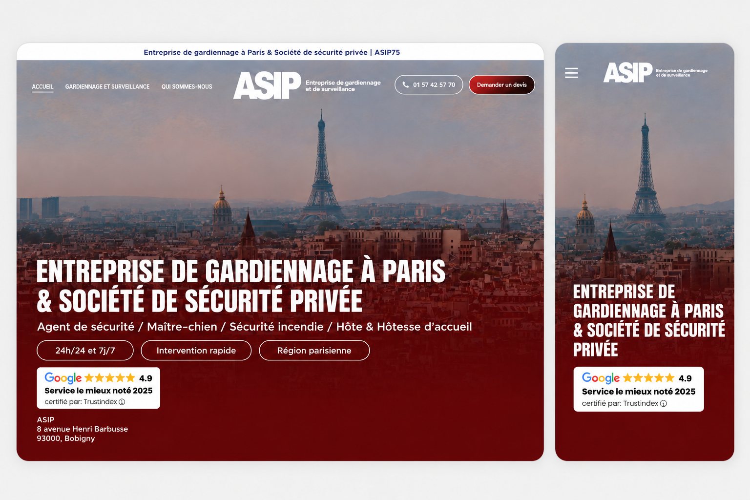 Page d'accueil du site asip75.fr en version desktop et mobile — site WordPress développé par Alexis Catanas