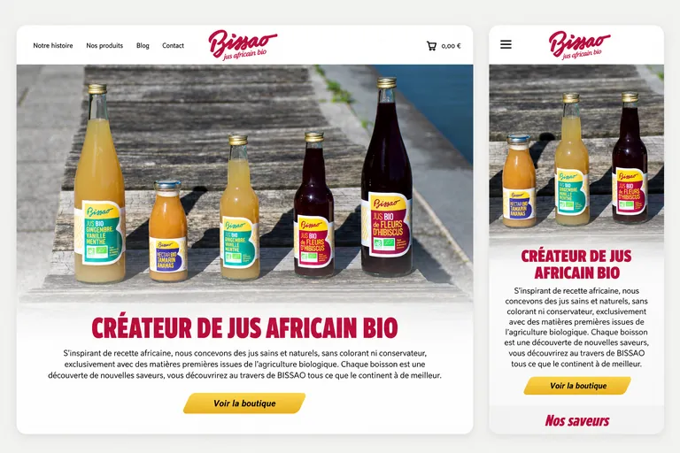 Page d'accueil de la boutique bissao.fr en version desktop et mobile — site WooCommerce sur mesure réalisé par Alexis Catanas