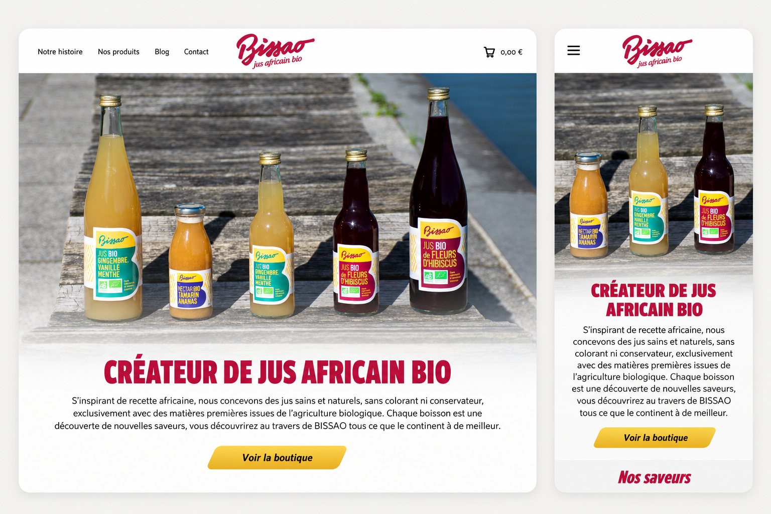 Page d'accueil de la boutique bissao.fr en version desktop et mobile — site WooCommerce sur mesure réalisé par Alexis Catanas