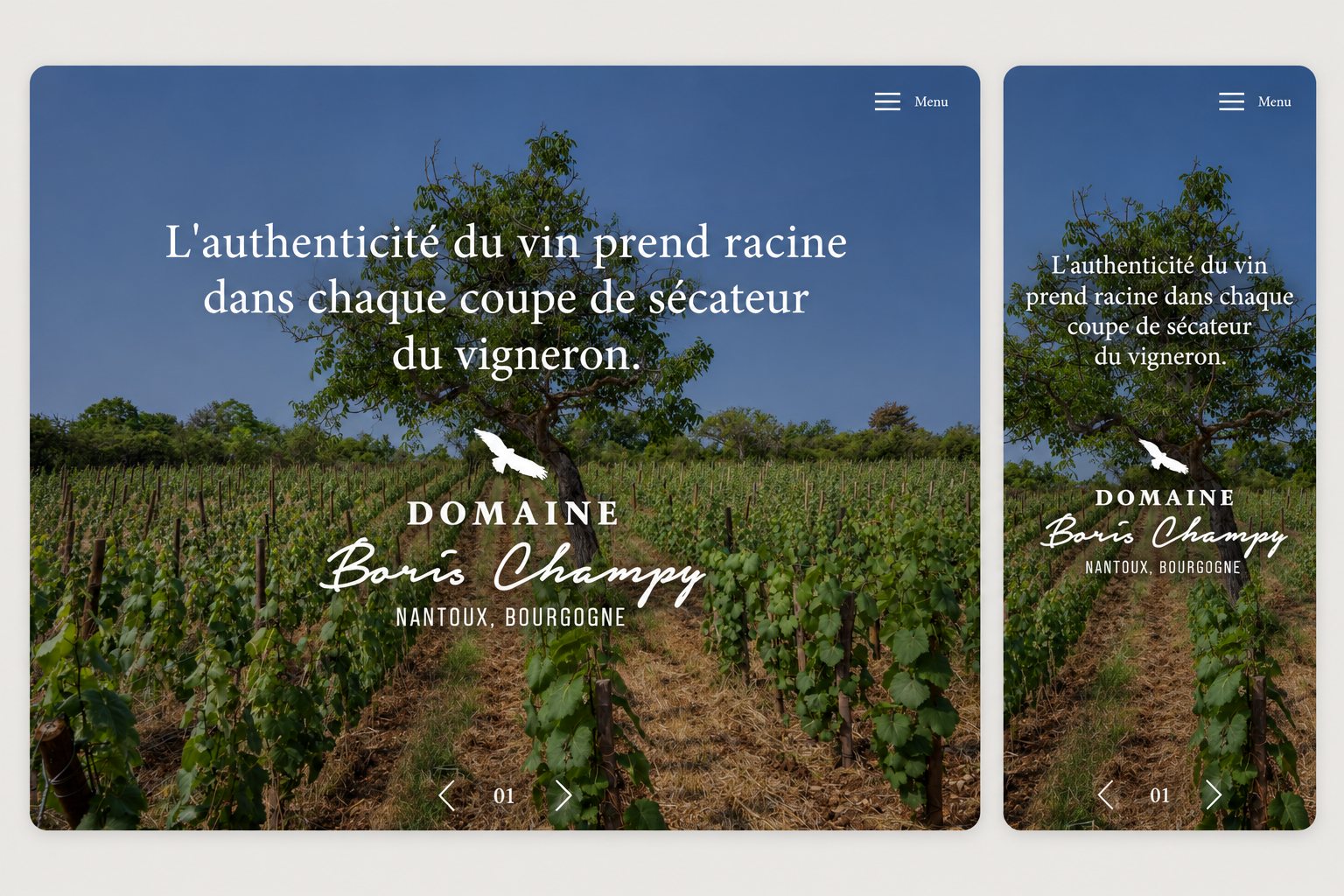Page d'accueil du site domaineborischampy.com en version desktop et mobile — site WordPress développé par Alexis Catanas