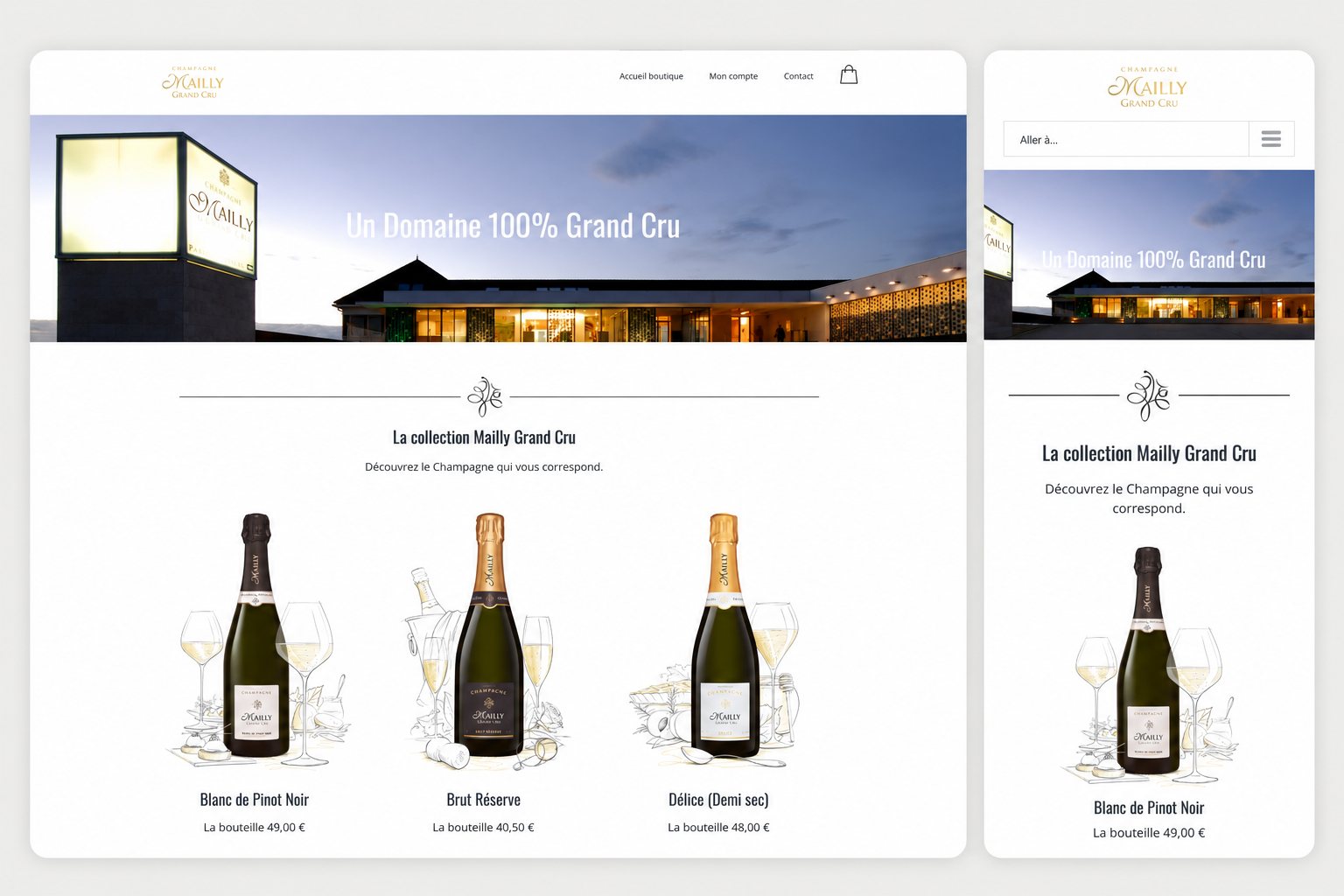 Page d'accueil de la boutique boutique.champagne-mailly.com en version desktop et mobile — développement WooCommerce par Alexis Catanas
