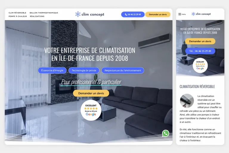 Page d'accueil du site climconcept77.fr en version desktop et mobile — site WordPress et Google Ads par Alexis Catanas