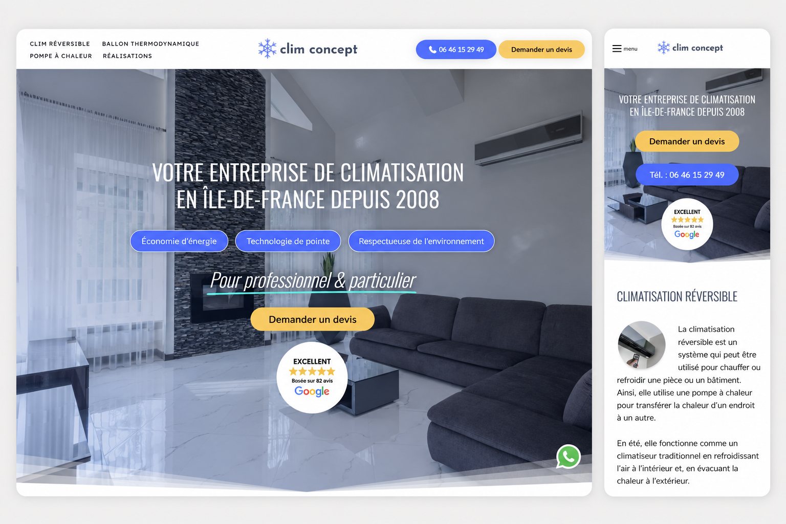 Page d'accueil du site climconcept77.fr en version desktop et mobile — site WordPress et Google Ads par Alexis Catanas
