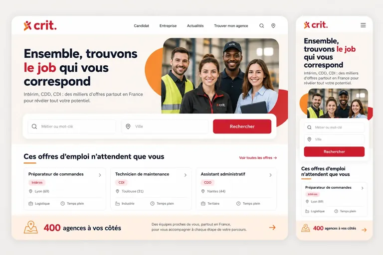 Page d'accueil du site crit-job.com en version desktop et mobile — refonte WordPress réalisée par Alexis Catanas
