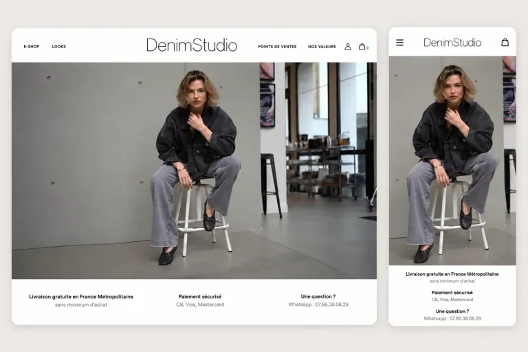 Page d'accueil de la boutique denimstudio.com en version desktop et mobile — site WooCommerce réalisé par Alexis Catanas