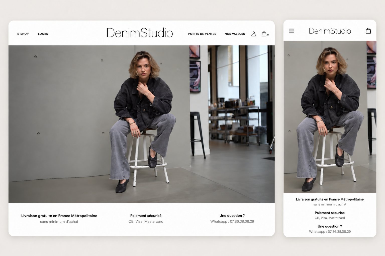 Page d'accueil de la boutique denimstudio.com en version desktop et mobile — site WooCommerce réalisé par Alexis Catanas
