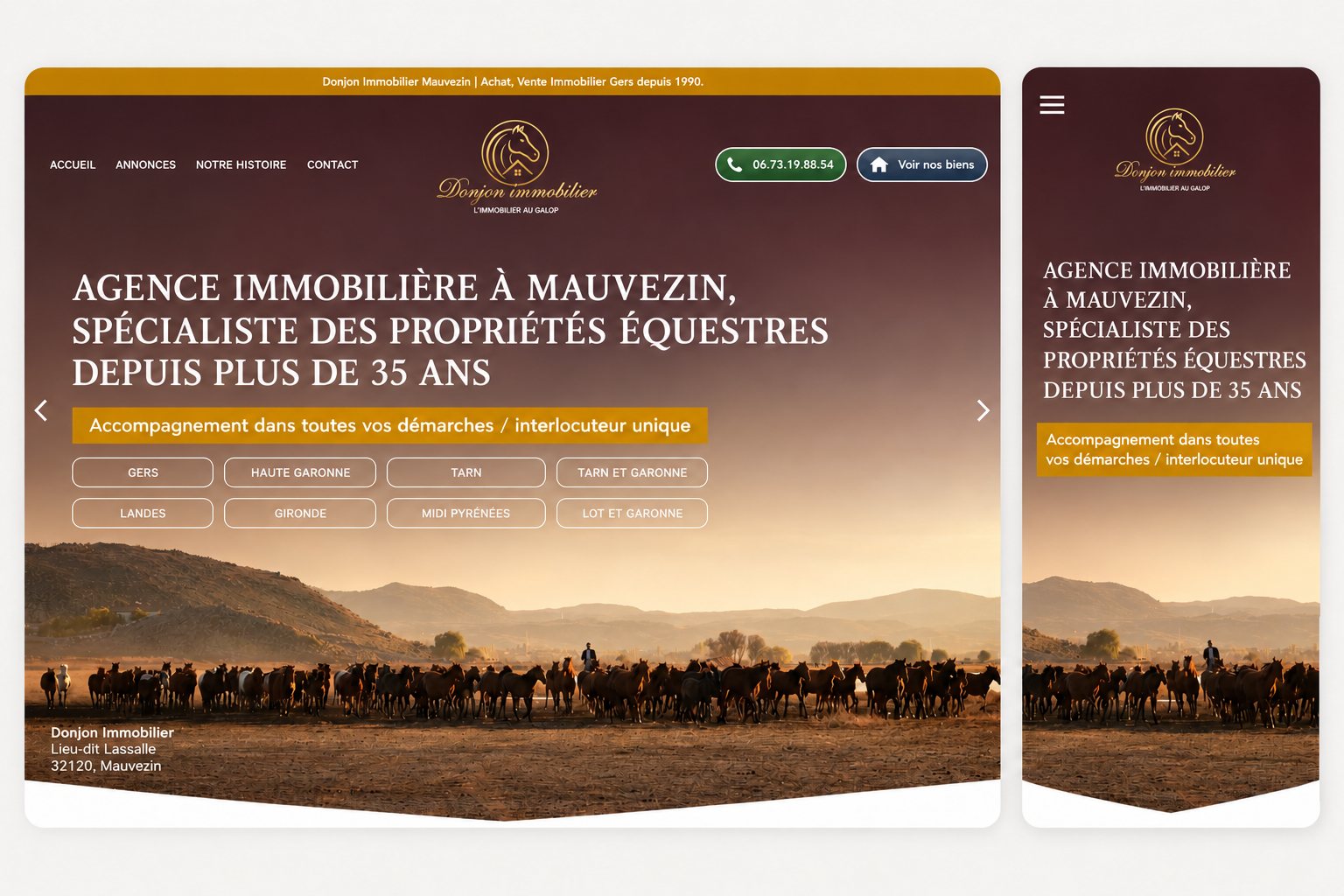 Page d'accueil du site donjonimmobilier.fr en version desktop et mobile — logo, charte graphique et site WordPress par Alexis Catanas