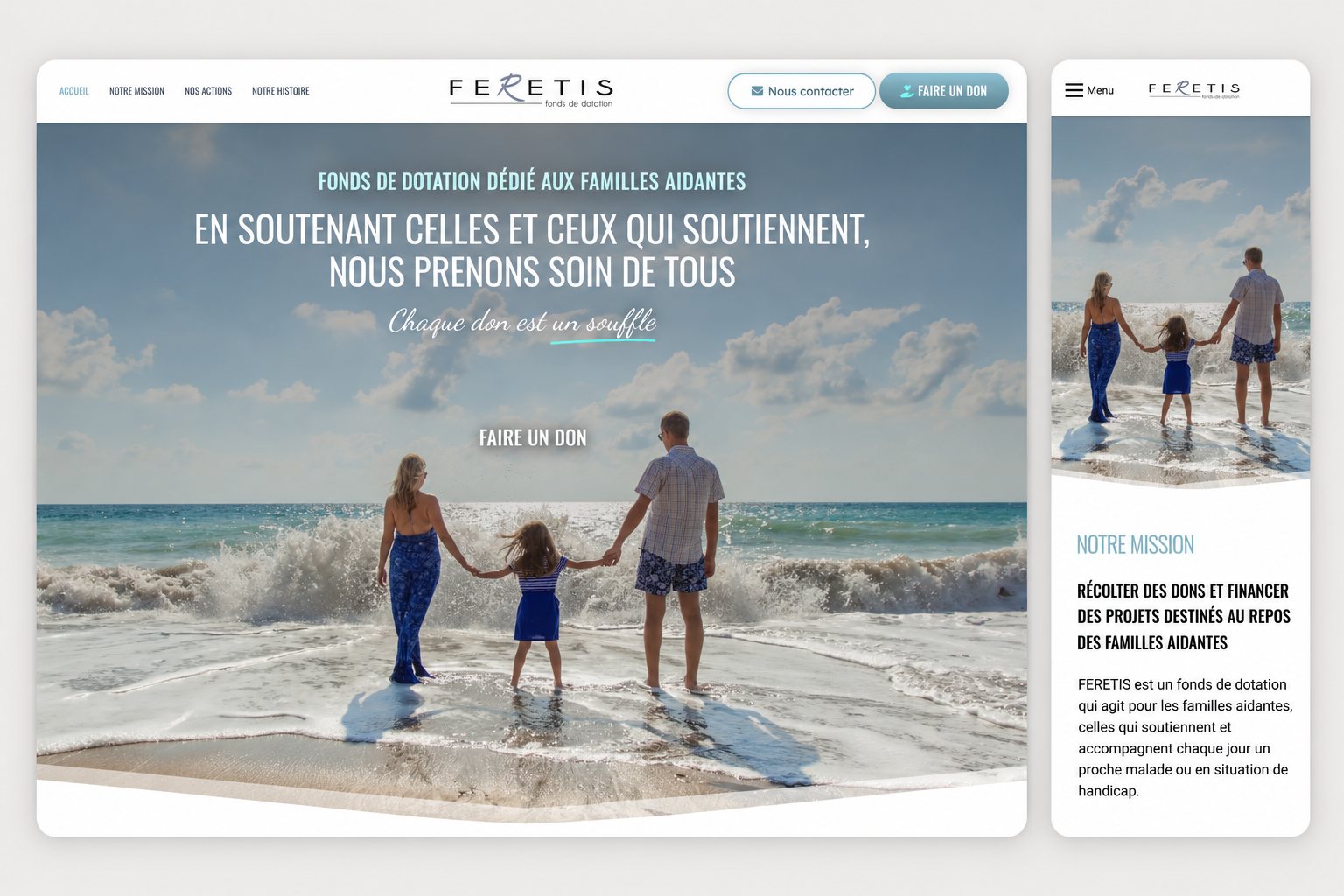 Page d'accueil du site feretis.com en version desktop et mobile — site WordPress avec dons en ligne réalisé par Alexis Catanas
