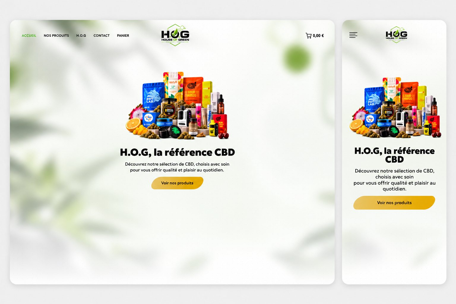 Page d'accueil de la boutique houseofgreen.fr en version desktop et mobile — logo, charte et site WooCommerce réalisés par Alexis Catanas