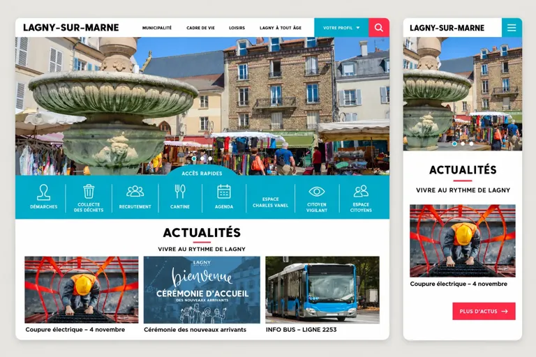 Page d'accueil du site de la ville de Lagny-sur-Marne (lagny-sur-marne.fr) en version desktop et mobile — site WordPress maintenu par Alexis Catanas