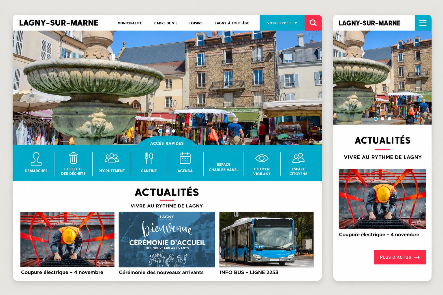 Page d'accueil du site de la ville de Lagny-sur-Marne (lagny-sur-marne.fr) en version desktop et mobile — site WordPress maintenu par Alexis Catanas