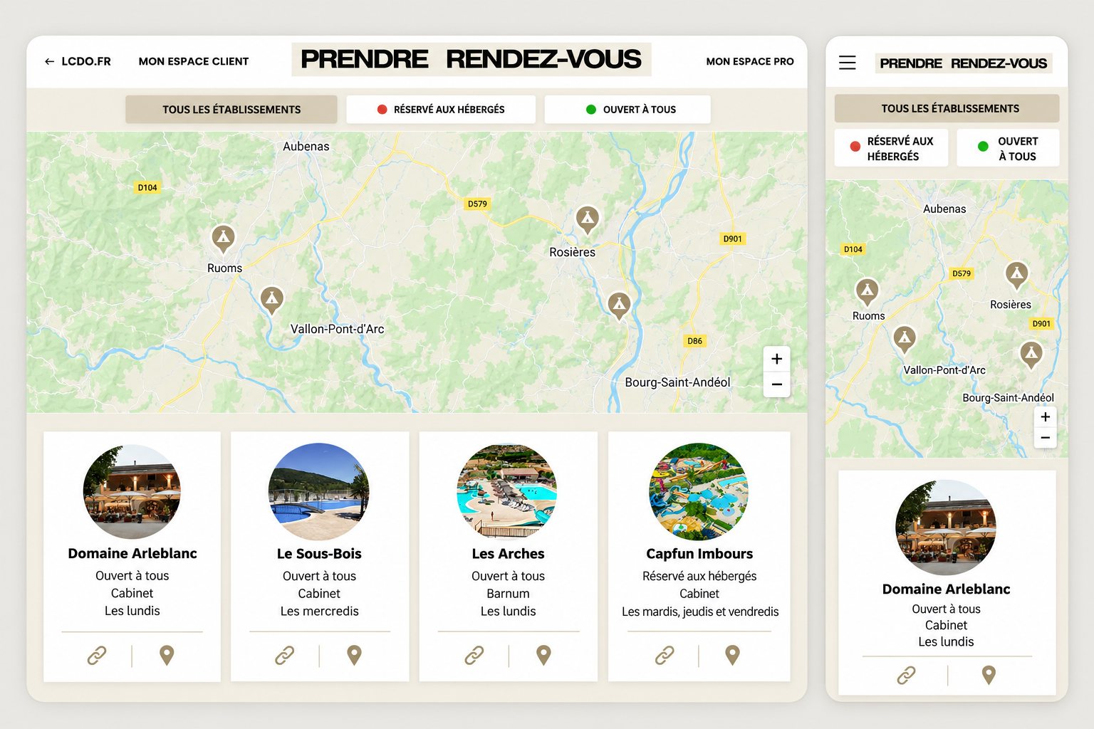 Page d'accueil du site rendez-vous.lcdo.app en version desktop et mobile — carte des campings et fiches de prise de rendez-vous, site WordPress développé par Alexis Catanas