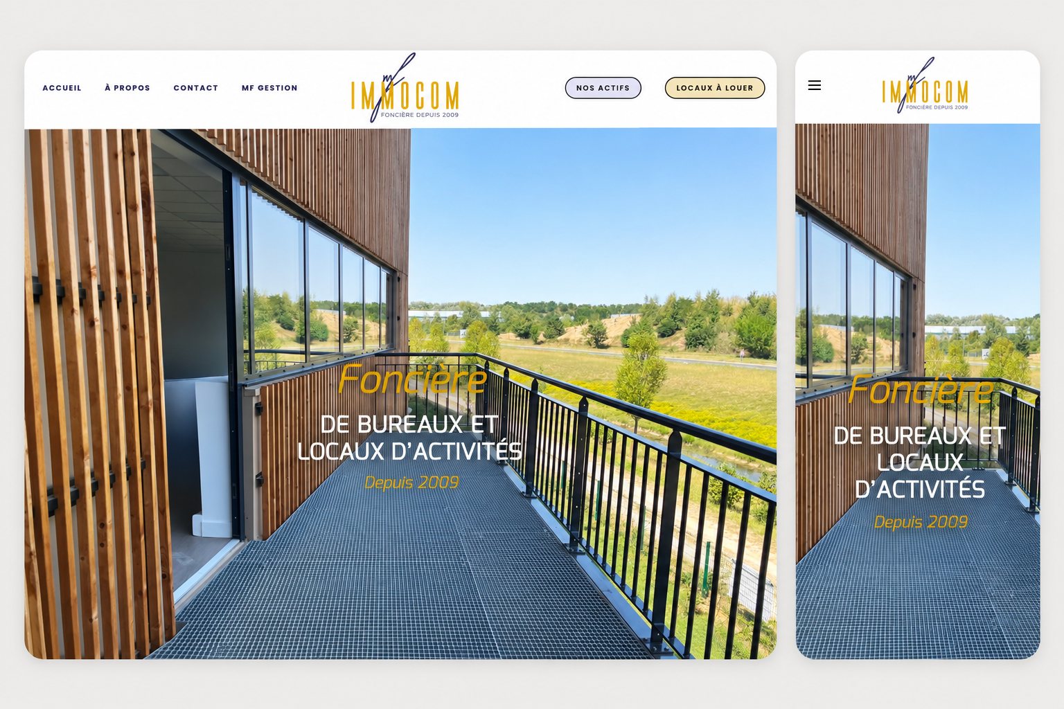 Page d'accueil du site mf-immocom.fr en version desktop et mobile — site WordPress développé par Alexis Catanas
