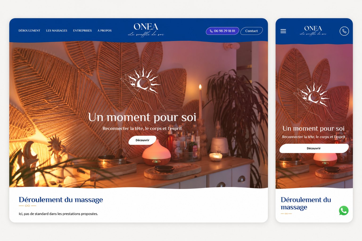 Page d'accueil du site oneamassage.com en version desktop et mobile — site WordPress one page réalisé par Alexis Catanas