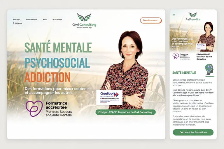 Page d'accueil du site owlconsulting.fr en version desktop et mobile — refonte Wix vers WordPress par Alexis Catanas