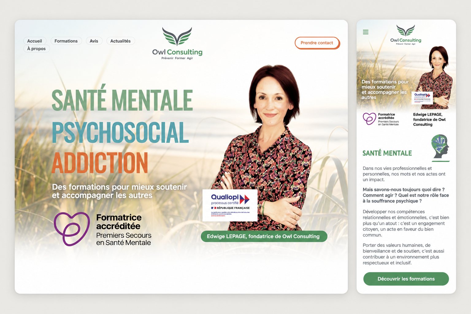 Page d'accueil du site owlconsulting.fr en version desktop et mobile — refonte Wix vers WordPress par Alexis Catanas