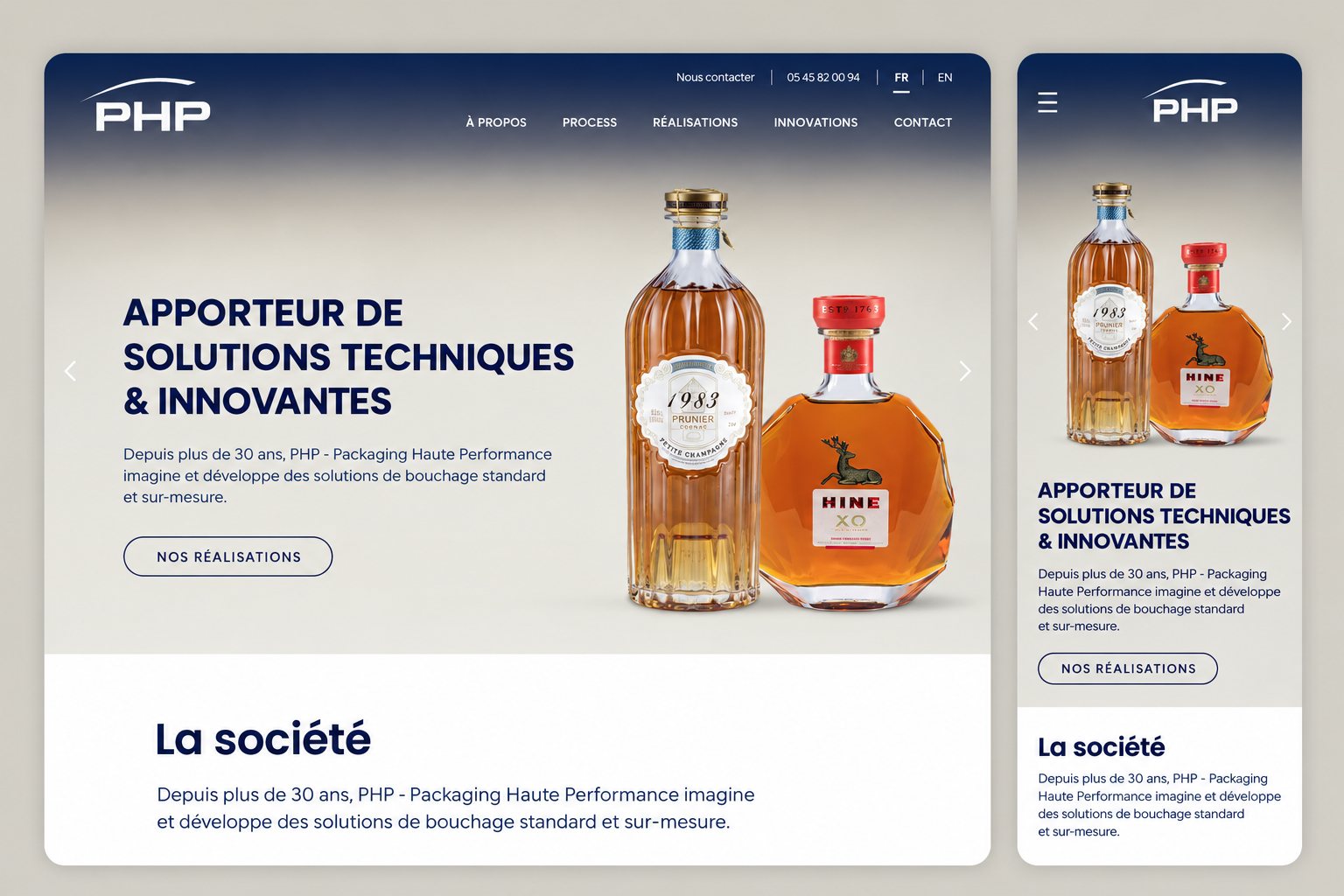 Page d'accueil du site php-pack.com en version desktop et mobile — site WordPress bilingue sur mesure par Alexis Catanas