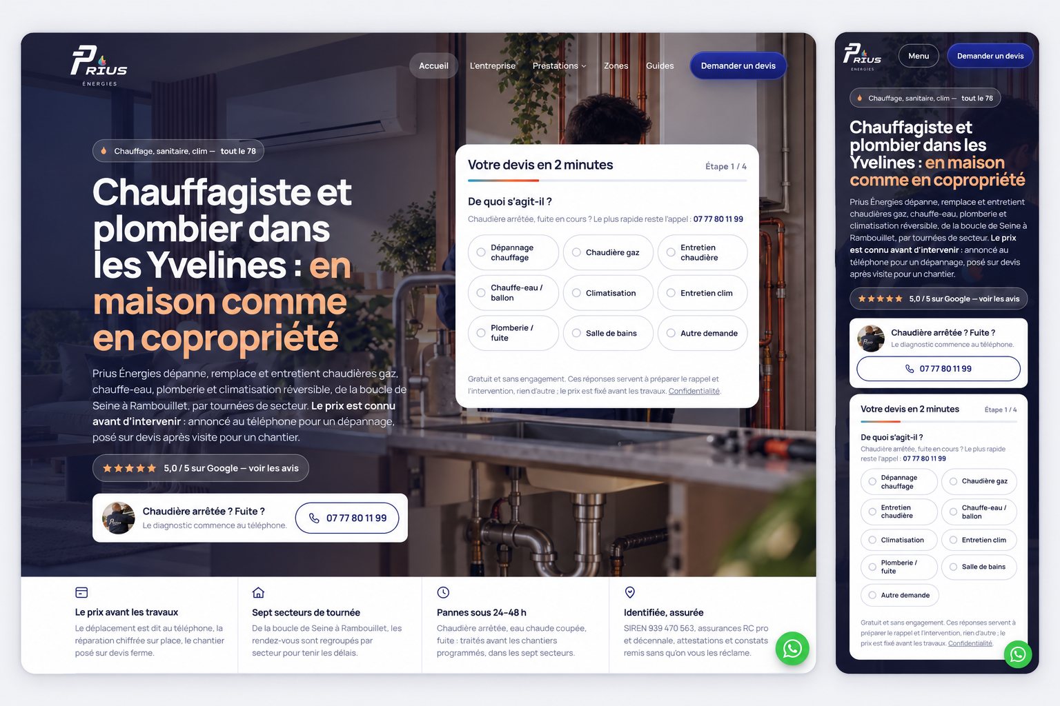 Page d'accueil du site priusenergies78.fr en version desktop et mobile — site conçu avec l'IA par Alexis Catanas