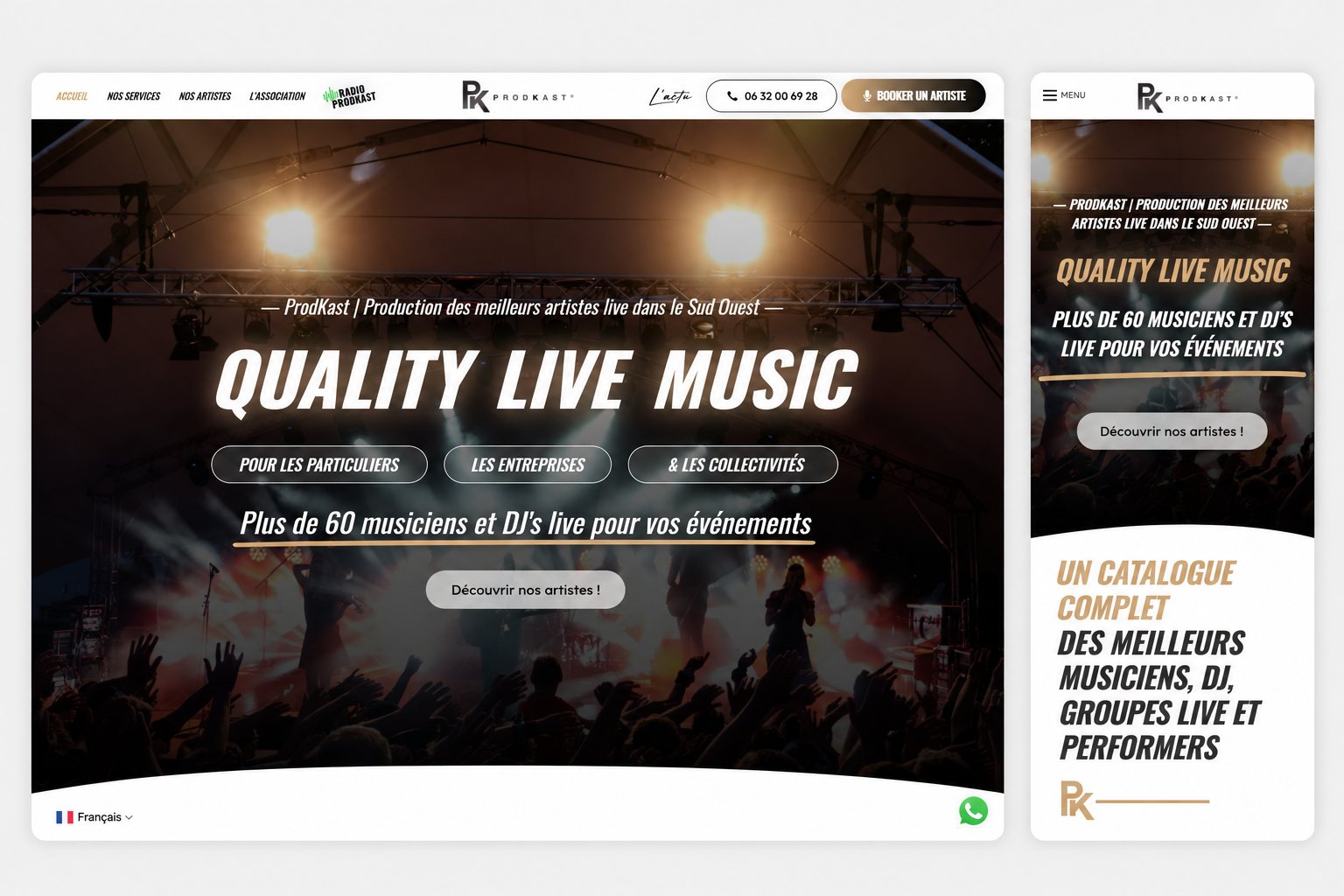 Page d'accueil du site prodkast.com en version desktop et mobile — refonte WordPress et SEO par Alexis Catanas