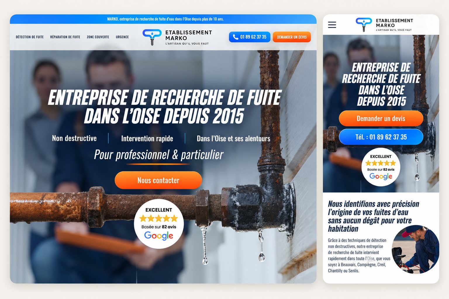 Page d'accueil du site recherchedefuite60.fr (Établissement Marko) en version desktop et mobile — site WordPress et Google Ads par Alexis Catanas