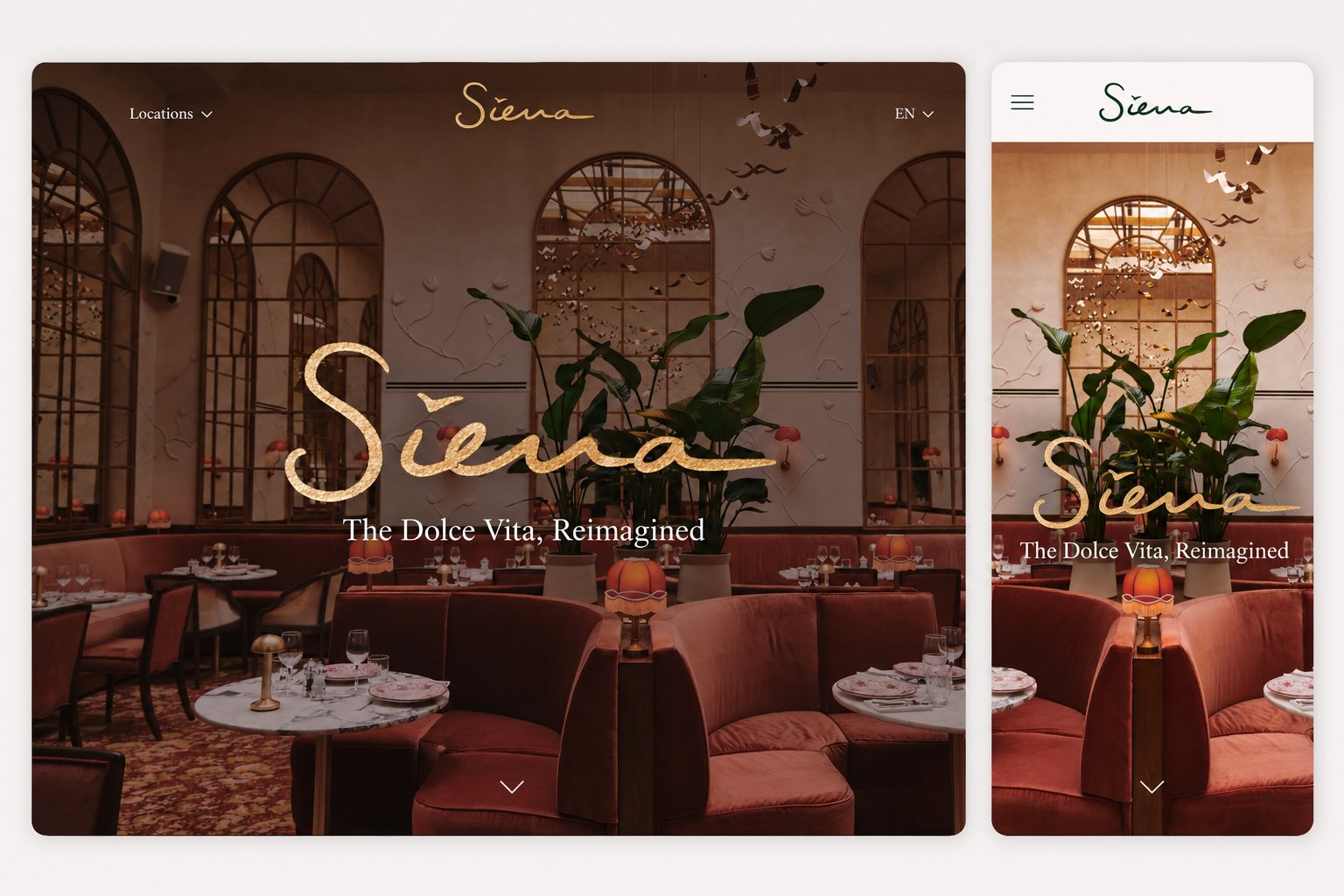 Page d'accueil du site siena-restaurants.com en version desktop et mobile — site WordPress et charte graphique par Alexis Catanas