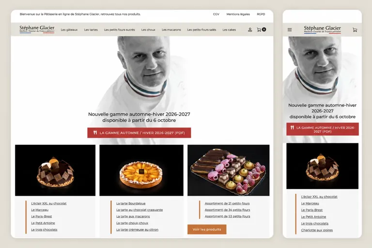 Page d'accueil de la boutique commande.stephaneglacier.com en version desktop et mobile — site WooCommerce réalisé par Alexis Catanas