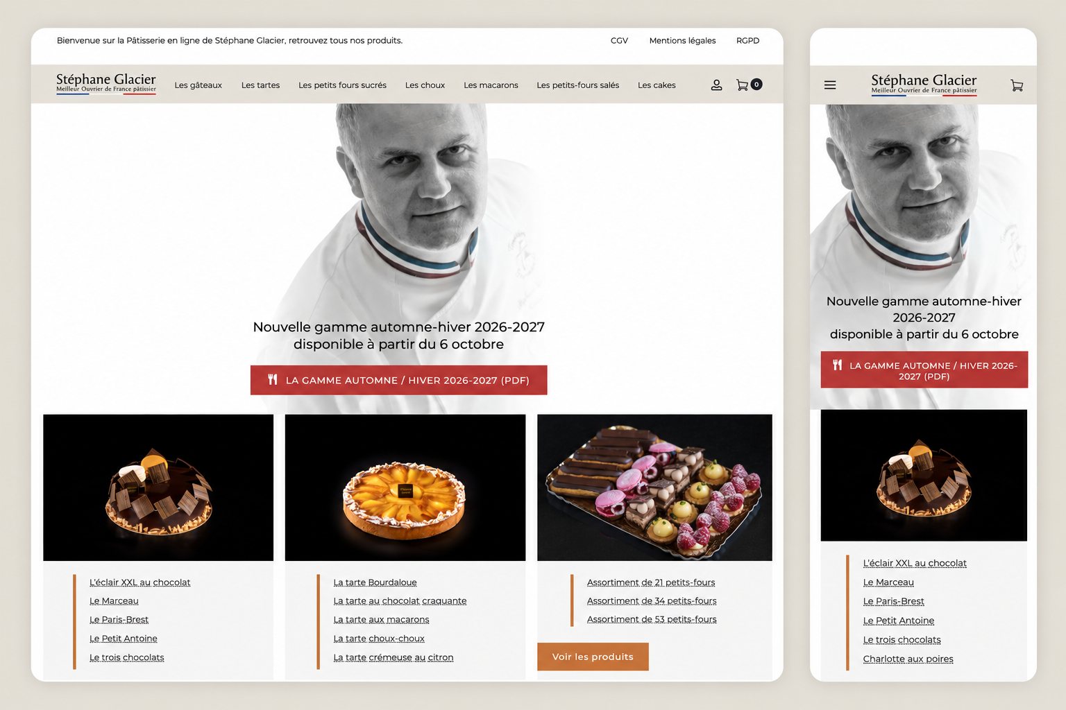 Page d'accueil de la boutique commande.stephaneglacier.com en version desktop et mobile — site WooCommerce réalisé par Alexis Catanas